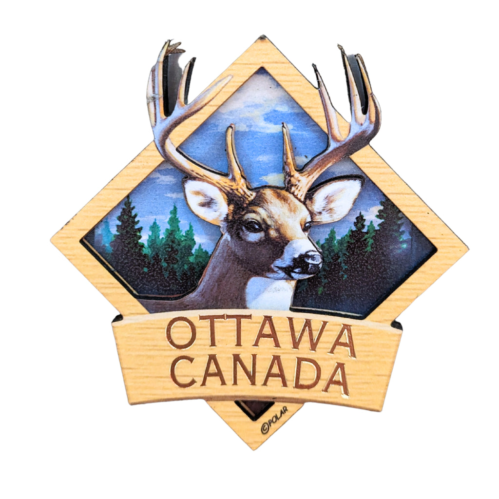 Golden yellow bordered diamond shaped wooden magnet. Vibrant Canadian buck centered in a dusk covered forest. The antlers embedded in the boarder above the buck. "Ottawa, Canada" in gold written underneath.