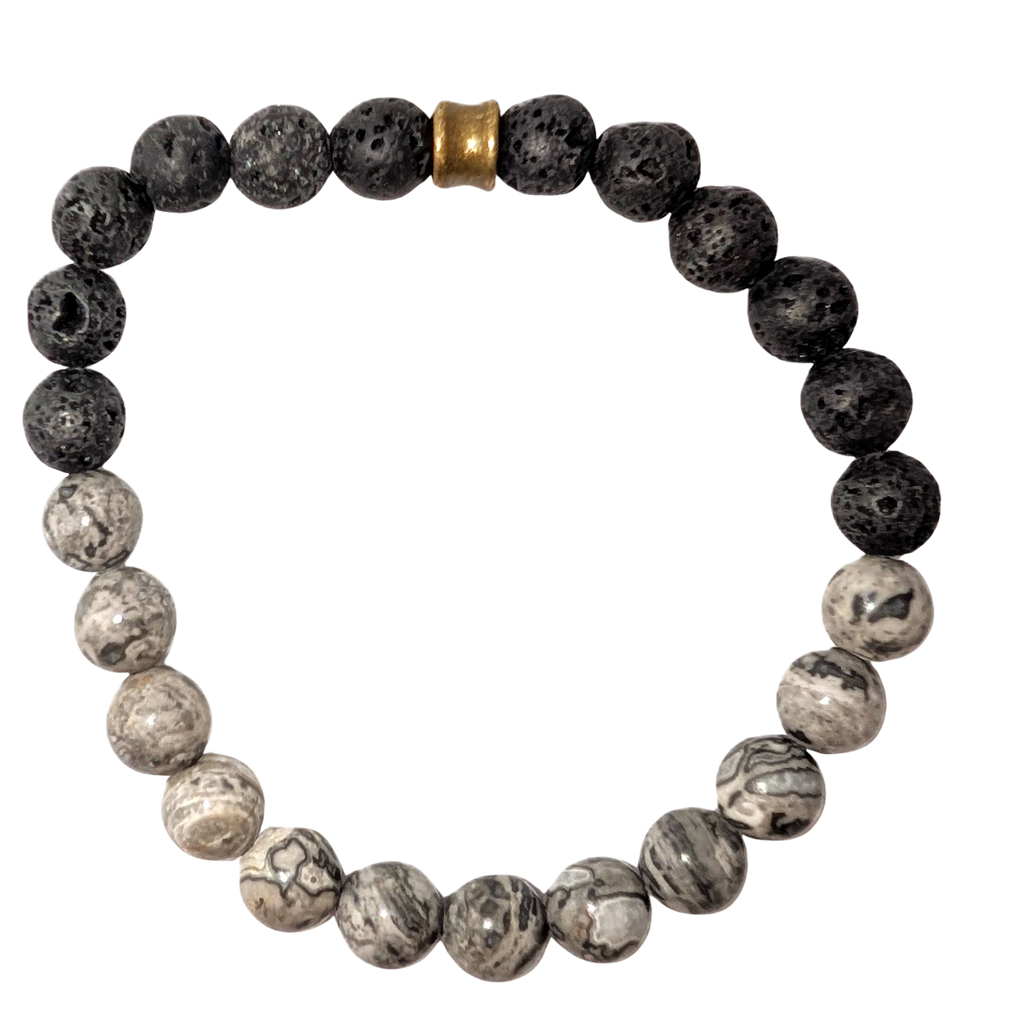 Bracelet with one half of light grey mapstone beads and the other with black lava beads.