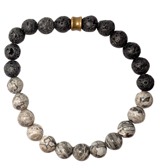 Bracelet with one half of light grey mapstone beads and the other with black lava beads.