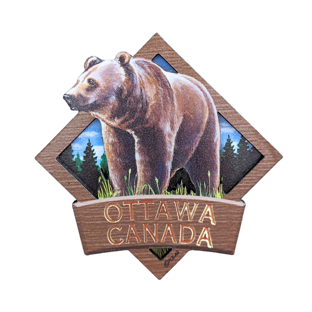 Cool brown bordered diamond shaped wooden magnet. Vibrant Canadian brown bear centered in a morning sky covered forest. The bears head embedded in the boarder above the edge. "Ottawa, Canada" in gold written underneath.