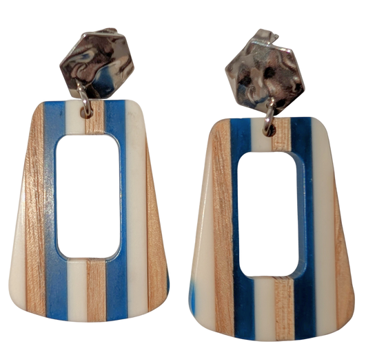 Striped Blue White and Walnut Earrings with Cutout