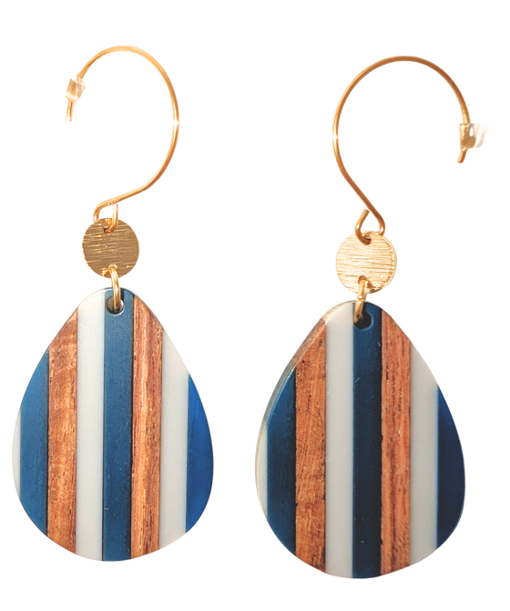 Striped Blue White and Walnut Earrings Teardrop
