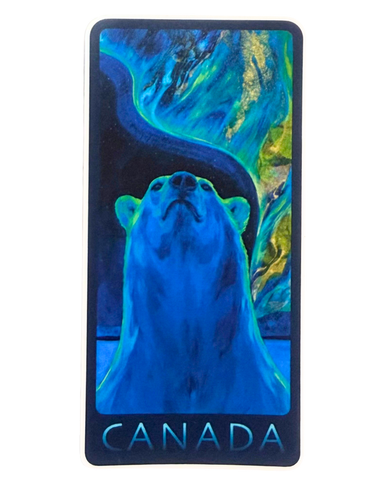 Sticker of a polar bear with Northern Lights in the background and 'Canada' text.