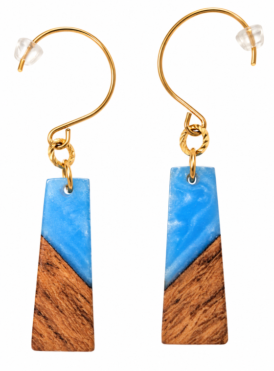 A pair of rectangular hook earrings. The top half is blue and the bottom is walnut wood. Hardware is gold.