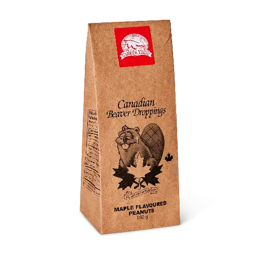 A brown paper bag with a beaver and maple leaves illustration on the front. "Canadian Beaver Droppings" is written at the top and "MAPLE FLAVOURED PEANUTS" at the bottom. A red sticker with a white maple leaf is placed on the opening of the bag.