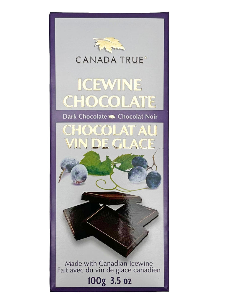 White box with a purple outline. Product name is in center of box, embossed, and in gold. Image of the chocolate and ice wine berries with vines.