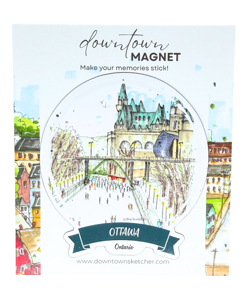 Round magnet with a vibrant watercolour style illustration of people skating on the Rideau canal.