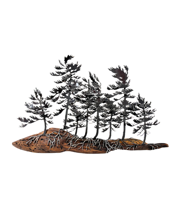Metal sculpture of 8 trees on a long piece of wood.