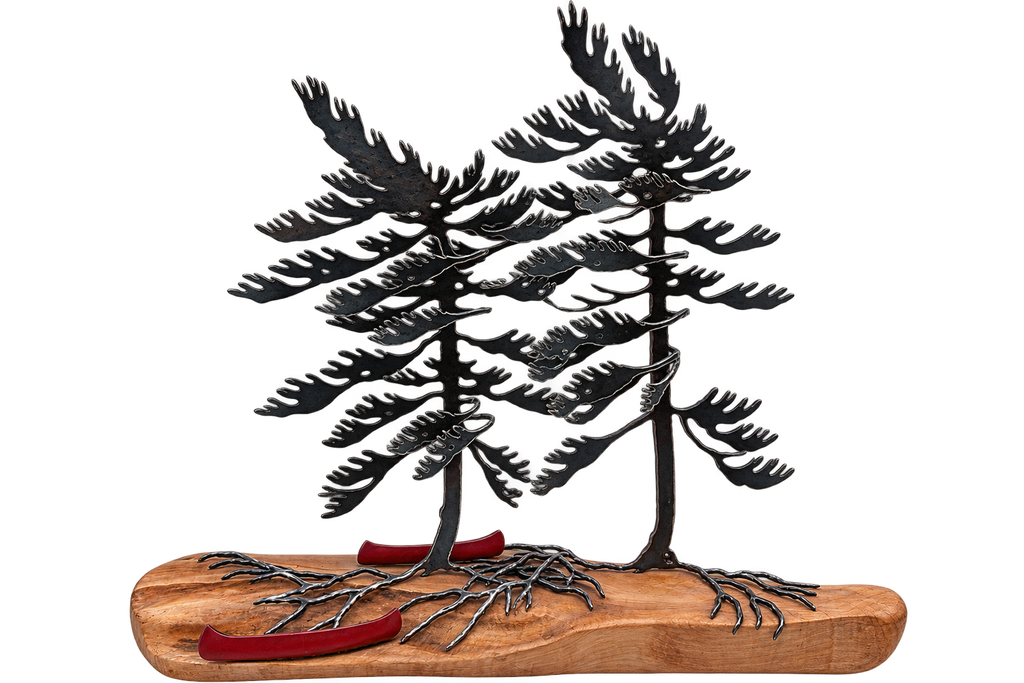 Windswept Pine & Wood Sculpture With 2 Canoes