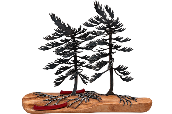 Windswept Pine & Wood Sculpture With 2 Canoes