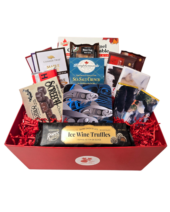 This large chocolate gift basket features tasty chocolates, truffles, and fudge all made in Canada.