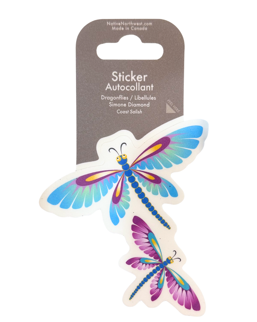 Dragonfly-shaped sticker. Dragonflies are blue, purple, and yellow detailing.