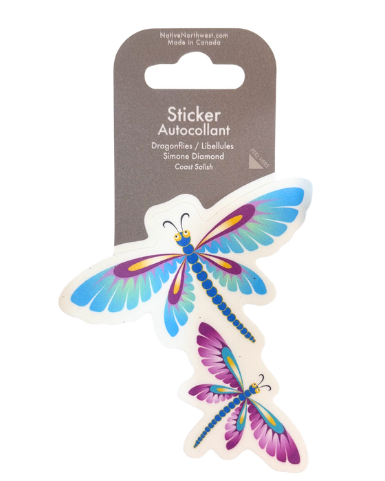 Dragonfly-shaped sticker. Dragonflies are blue, purple, and yellow detailing.