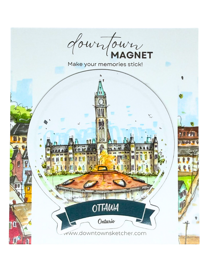 Round magnet with a vibrant watercolour style illustration of Parliament and the eternal flame.