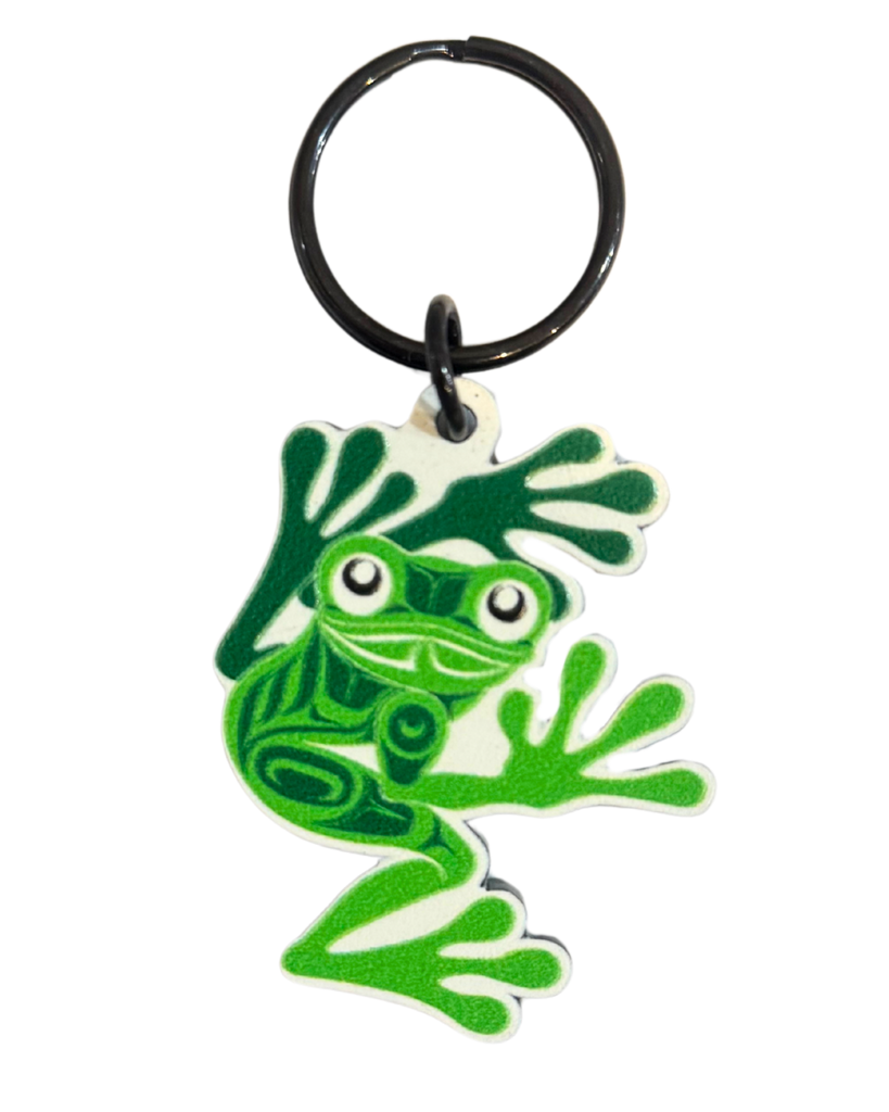 Keychain with a green frog with white indigenous patterns.