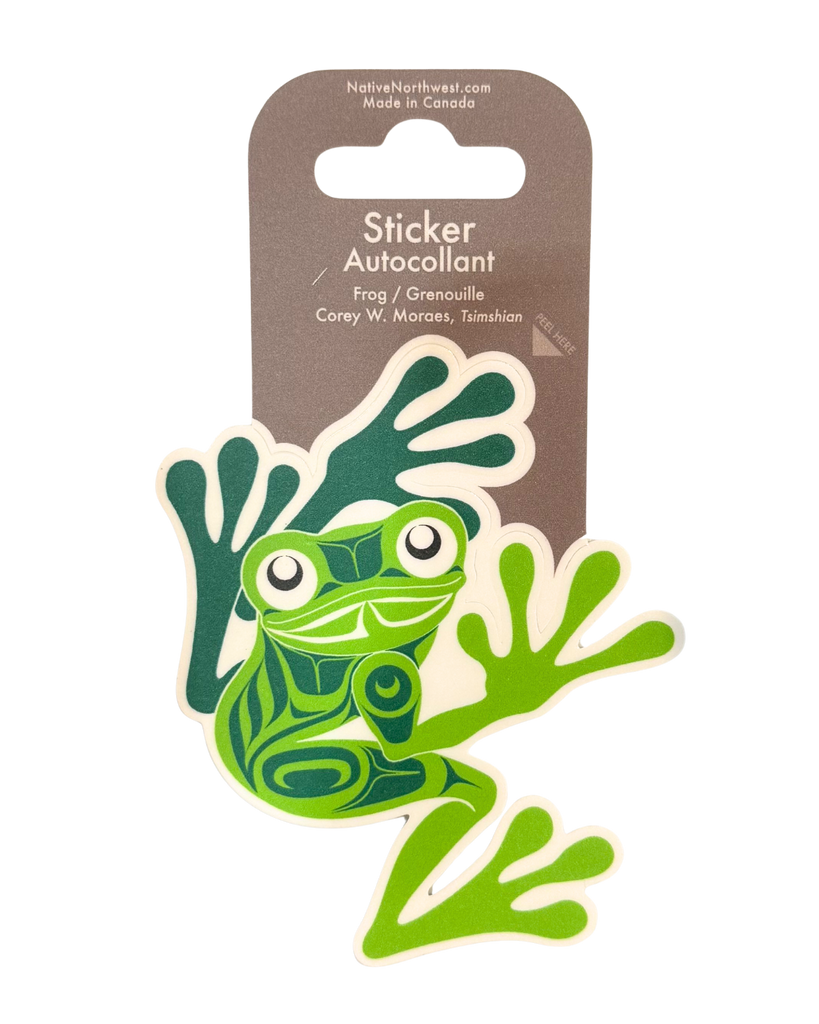 Green frog sticker with indigenous style patterns.