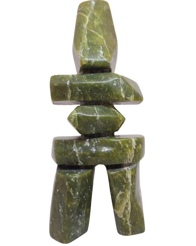 A green marbled inukshuk soapstone carving.