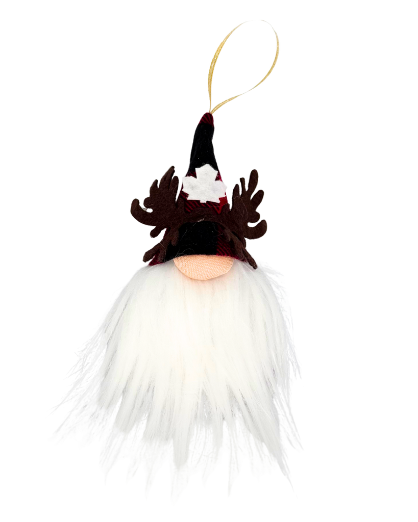 Decorative gnome with a plaid hat and white beard.