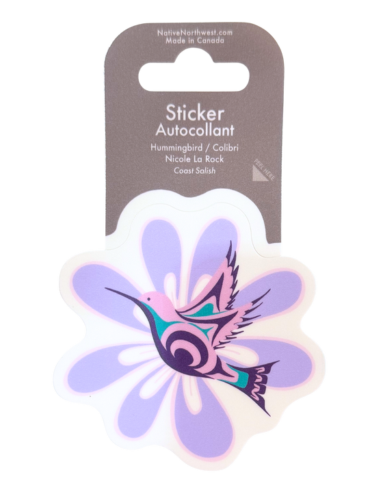 Sticker with hummingbird design. Colours are pink, purple, and some teal.