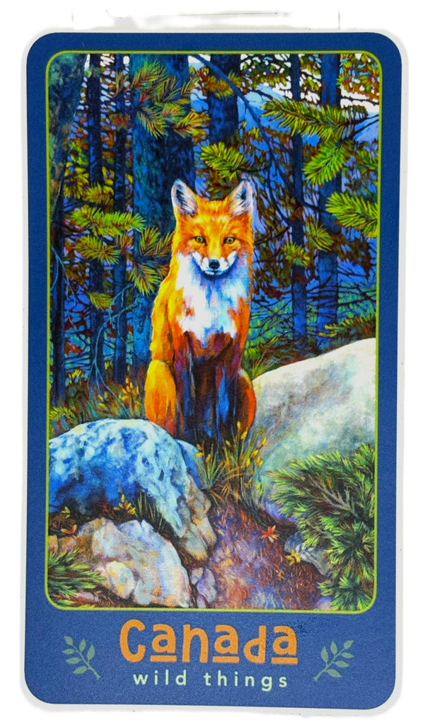 Sticker with a fox in a forest scene and 'Canada wild things' text with a blue border.