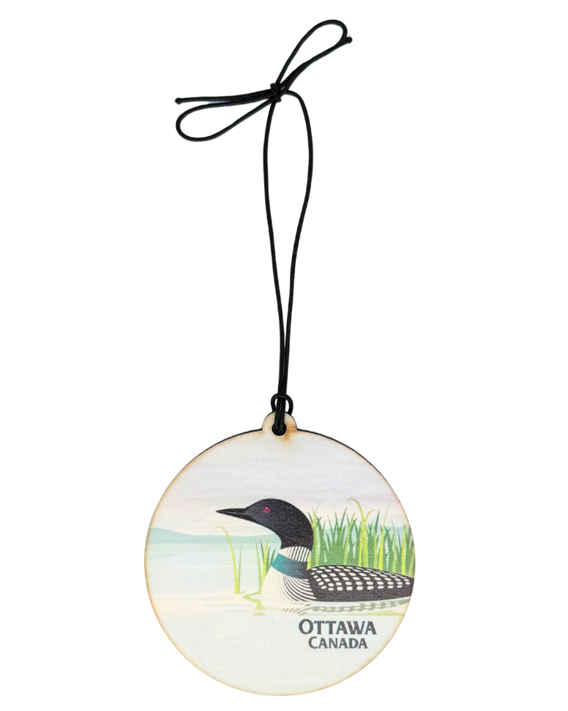 Round ornament with a loon design and 'Ottawa, Canada' text.