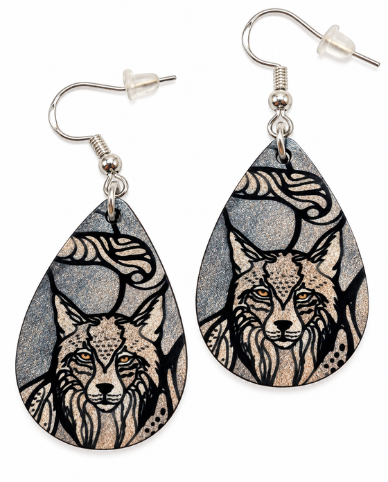 Teardrop shaped earrings featuring artwork of the Canadian Lynx.