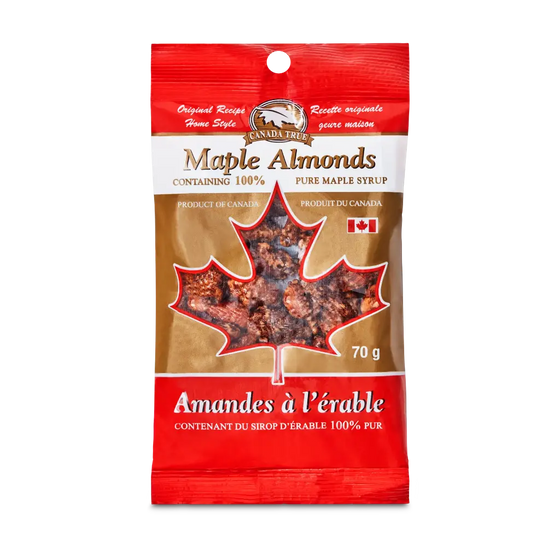 Package of maple almonds with a white, red, and brown design. A clear maple leaf is in the middle to have the almonds visible.