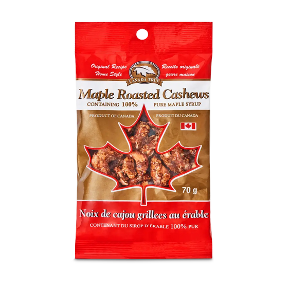 Package of maple roasted cashews with a white, red, and brown design. A clear maple leaf is in the middle to have the cashews visible.