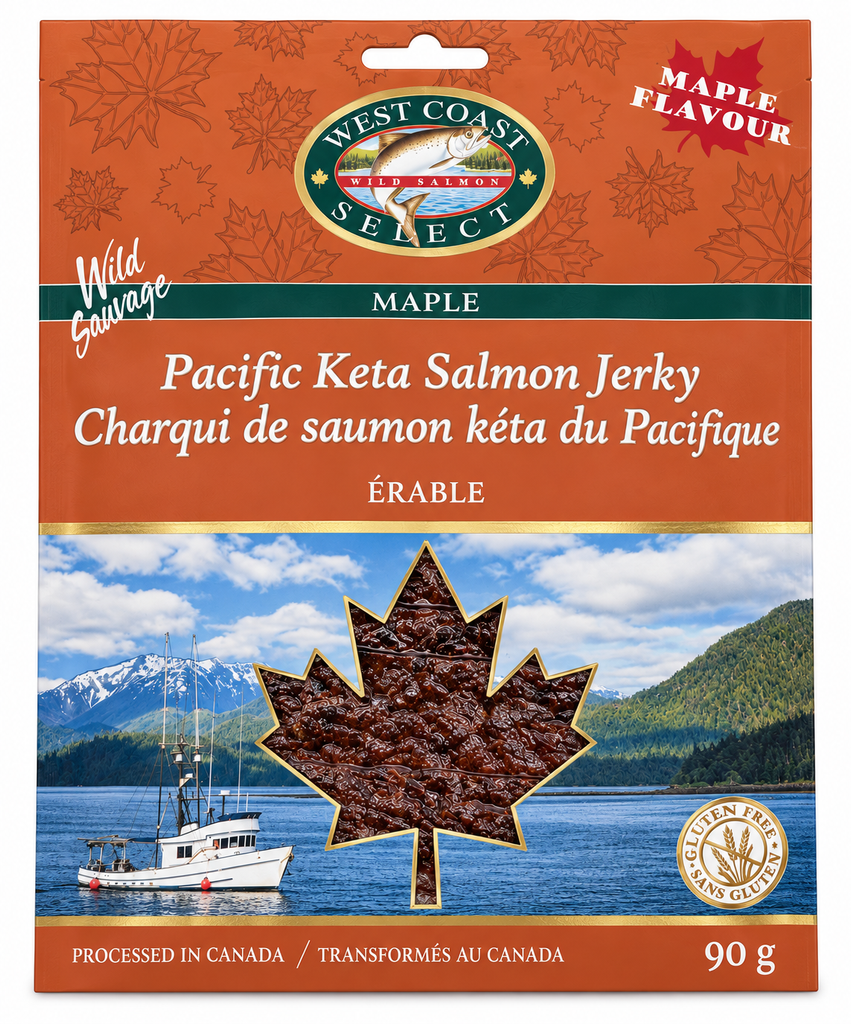 Thin orange paper packaging. Image of boat on a lake. Maple leaf shaped cutout window with view of product in center of photo.