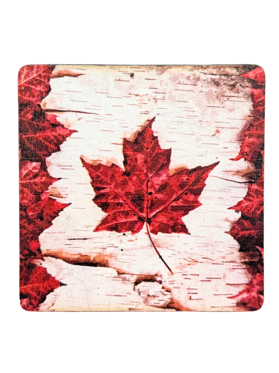Magnet with the Canadian flag made out of maple leaves. The white part of the flag resembles a birch tree pattern.