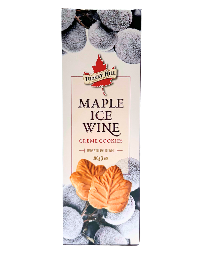 A tall white and dark purple box with the words "Maple Ice Wine Creme Cookies" written on it. Has a picture of ice wine on the top and bottom with 2 cookies under the text.