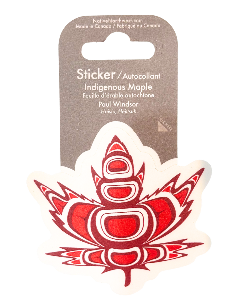Red and white maple leaf sticker with indigenous design.