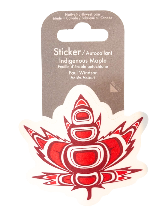 Red and white maple leaf sticker with indigenous design.