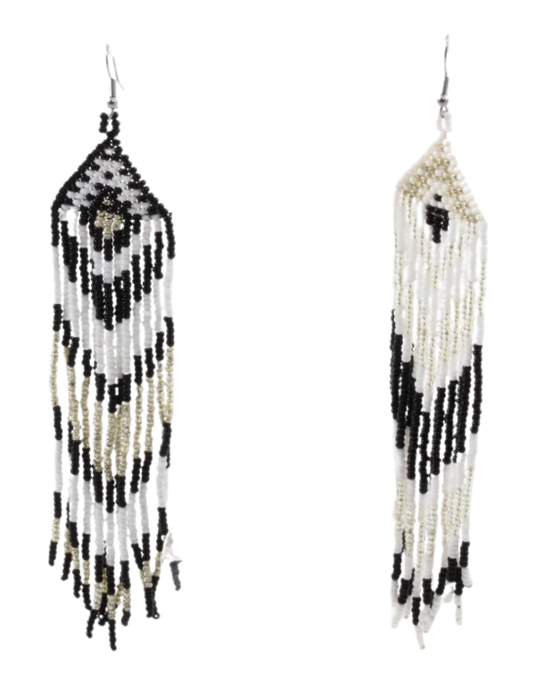 White and black beaded earrings.