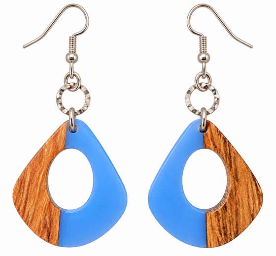 A pair of teardrop hook earrings with a cutout in the middle. One side is blue and the other is walnut wood. Hardware is silver.
