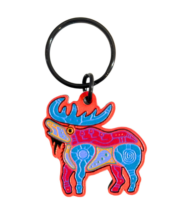 Colourful indigenous patterned moose keychain. Colours include Red, orange, yellow, blue, and a bit of green.