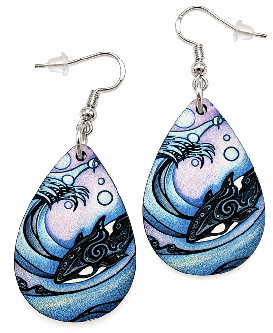 Teardrop shaped earrings featuring orca artwork.