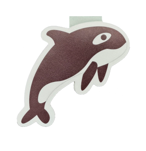 Orca paper bookmark with magnets inside. The orca is on its side. The orca is black and has a white underside, as well as white around the eye.