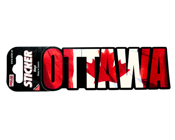 Red and white vinyl sticker. Reads 'OTTAWA' with a waving Canadian flag as the colouring.