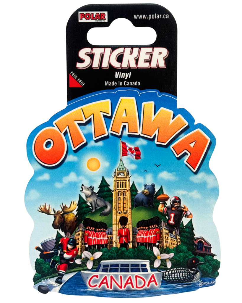 Sticker with various Canadian animals and landmarks. Has the text 'OTTAWA' at the top and 'CANADA' at the bottom.