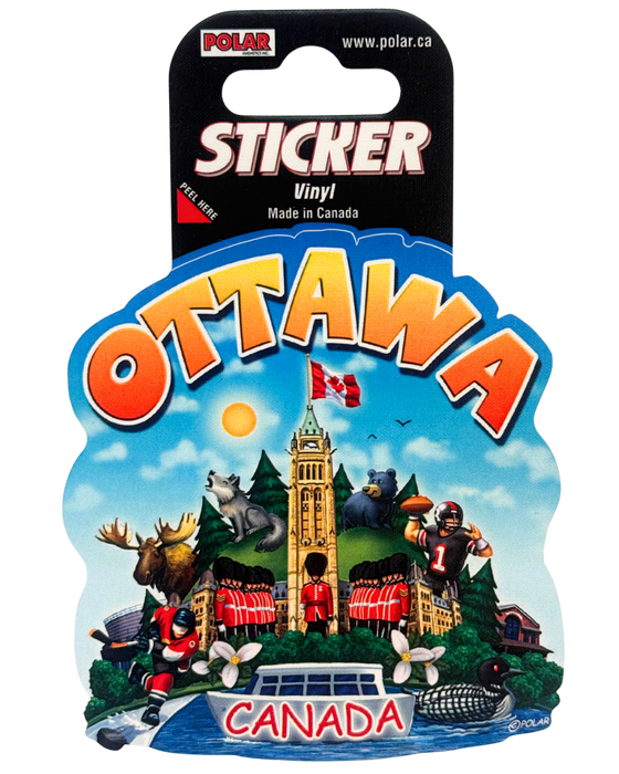 Sticker with various Canadian animals and landmarks. Has the text 'OTTAWA' at the top and 'CANADA' at the bottom.