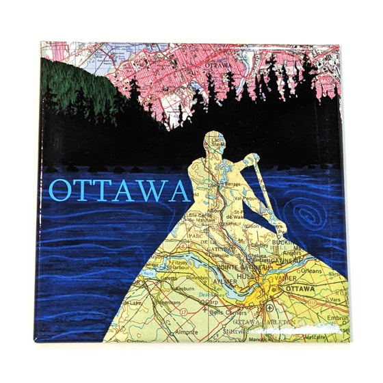 A map of the Ottawa-Gatineau region forms the silhouette of a person canoeing. A dark blue lake is behind the person, with 'Ottawa' written in light blue. Black and green trees are above, followed by a pink sky also made from a map of Ottawa.