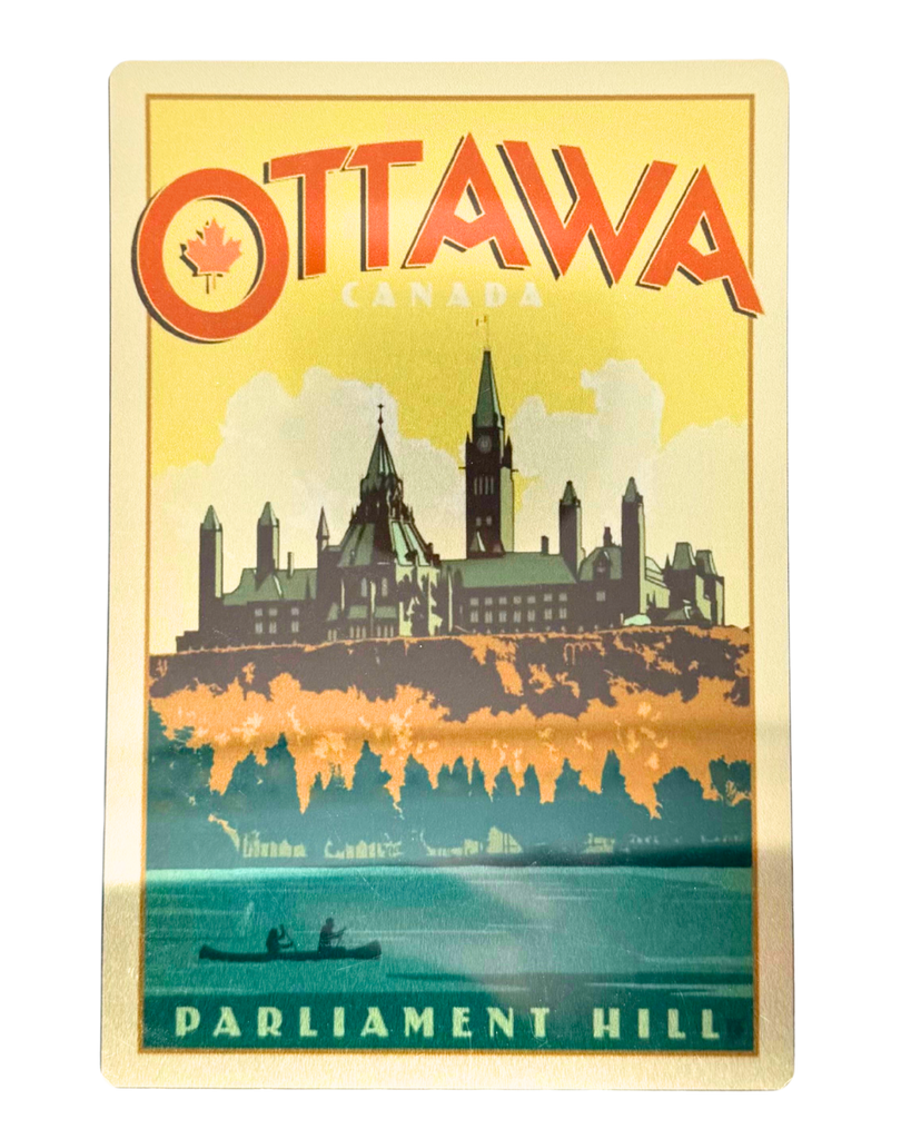 A metal postcard with a view of Parliament from the canal. Ottawa is written at the top.