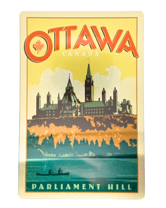 A metal postcard with a view of Parliament from the canal. Ottawa is written at the top.