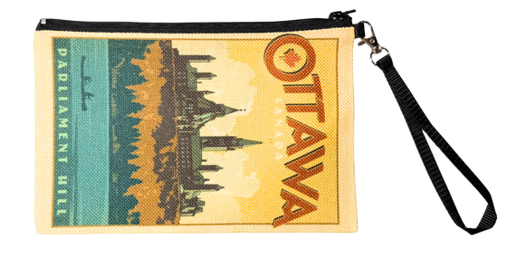 A pouch with a black strap. The image on the pouch is of a view of Parliament from the river and Ottawa written across the top.