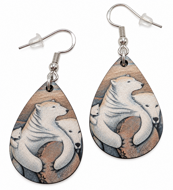 Teardrop shaped earrings featuring a family of polar bears.