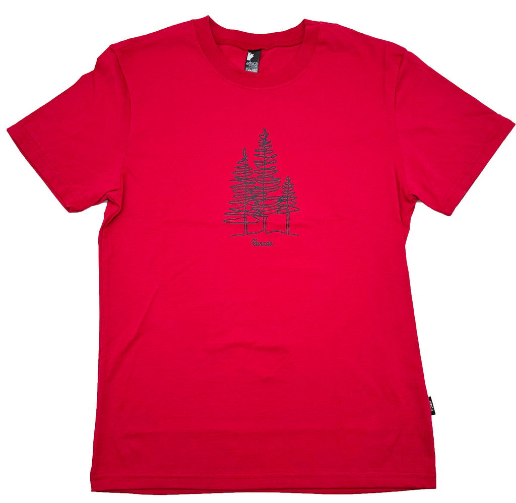 Red shirt. In the middle there is a black line design of three trees. Underneath is written Canada in small black cursive writing.