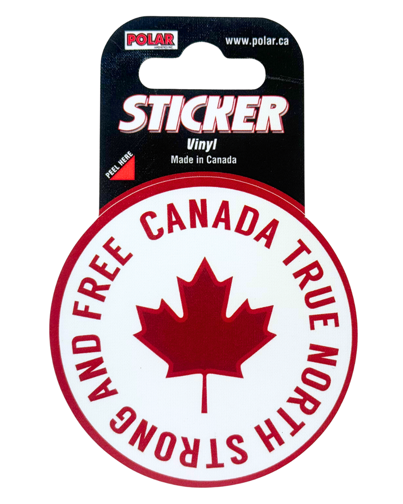 Sticker with red maple leaf and text that says 'CANADA TRUE NORTH STRONG AND FREE' on a white background.