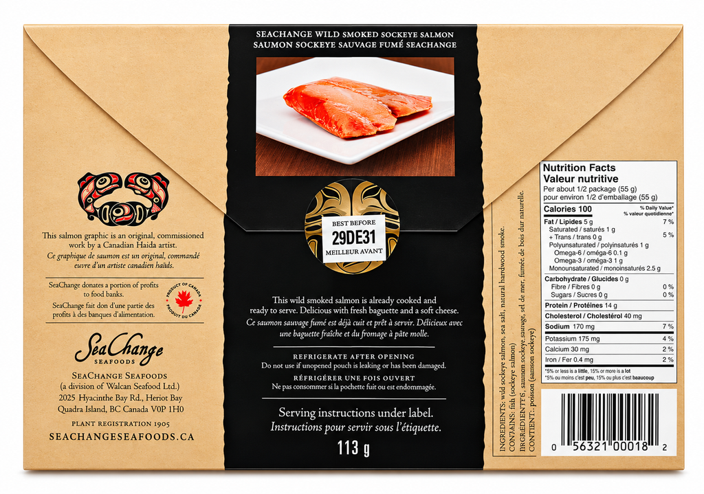 Picture features a single 113g smoked salmon travel pack. On the travel pack, Haida art of the Canadian pacific salmon by artist Don Yeomans is shown.