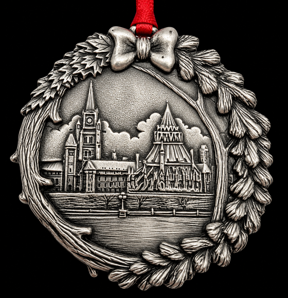 A wreath of pine and maple leaves with a bow on top that encircles a view of the parliament buildings, and the parliament library with the water front along the bottom. 